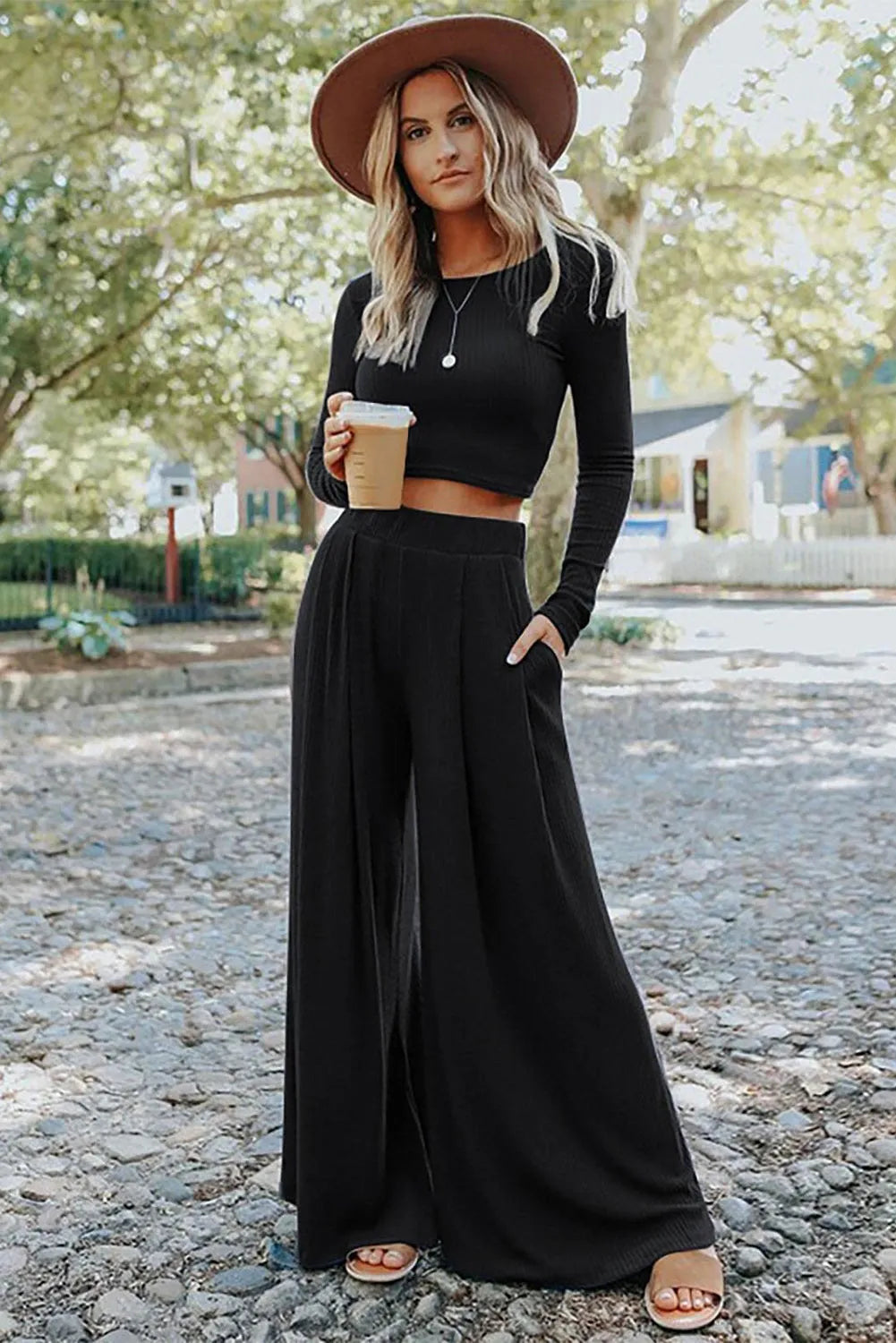 Black Solid Color Ribbed Crop Top Long Pants Set - Chic Meadow Boutique 