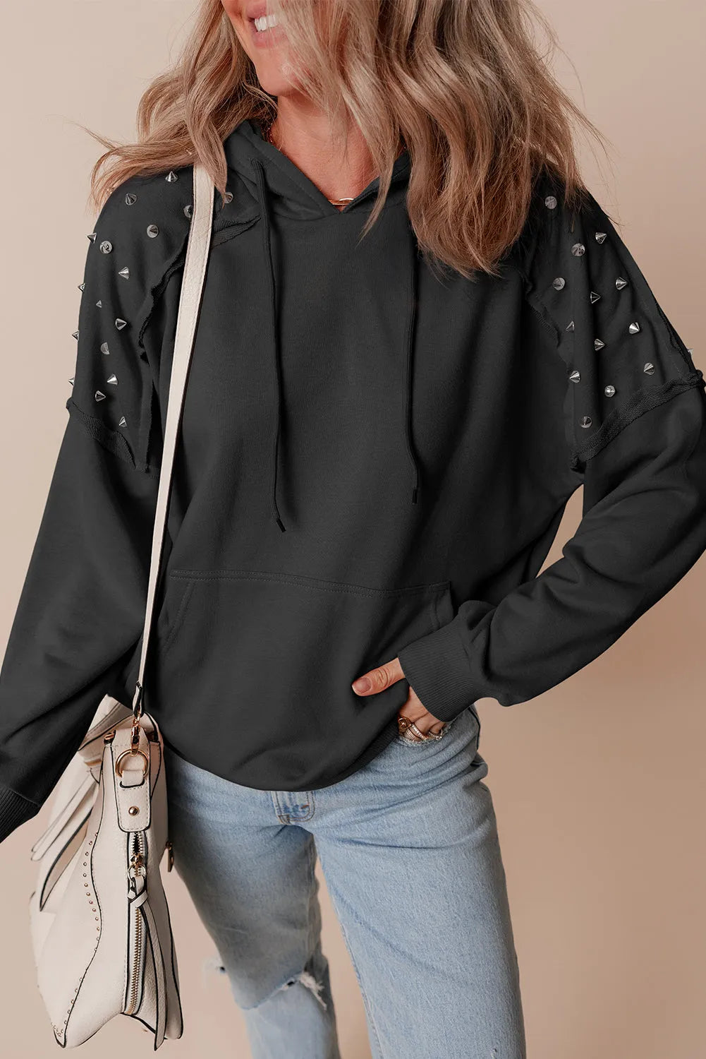 Black Solid Color Rivet Stud Raglan Sleeve Hoodie with Pocket - Chic Meadow Boutique 