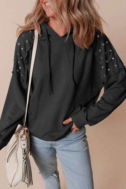 Black Solid Color Rivet Stud Raglan Sleeve Hoodie with Pocket - Chic Meadow Boutique 