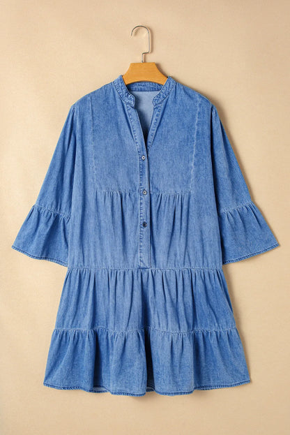 Sky Blue Chambray Ruffled 3/4 Sleeve Tiered Split V Neck Mini Dress - Chic Meadow Boutique 