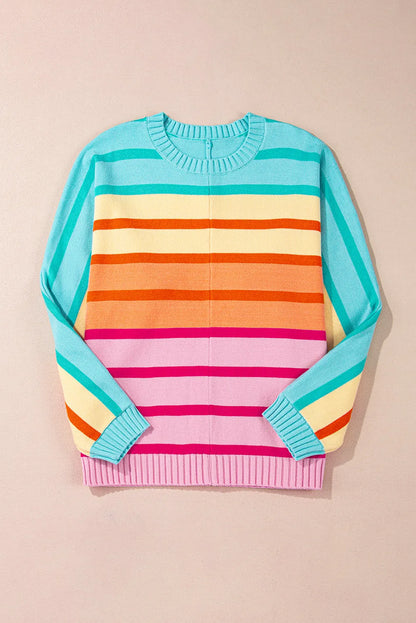 Yellow Stripe Gradient Striped Ribbed Edge Loose Sweater - Chic Meadow Boutique 