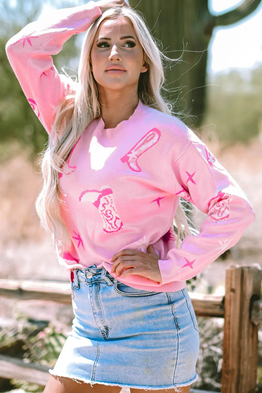 Pink Western Cowboy Boot Sweater - Chic Meadow Boutique 