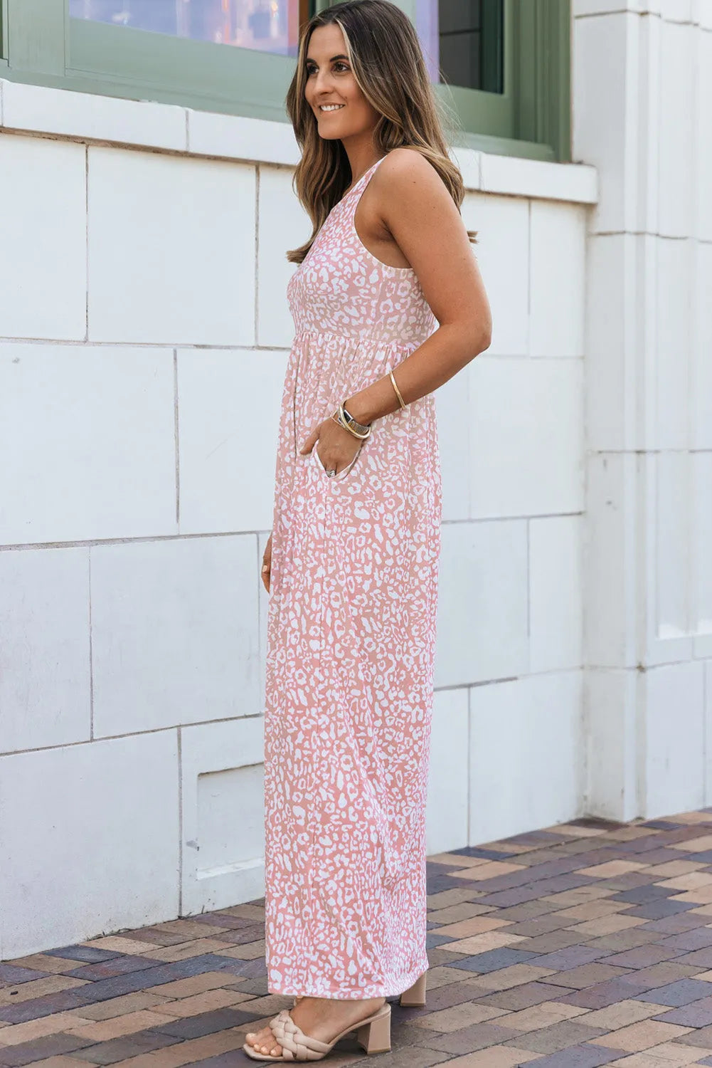 Pink Leopard Print Pocketed Sleeveless Maxi Dress - Chic Meadow Boutique 