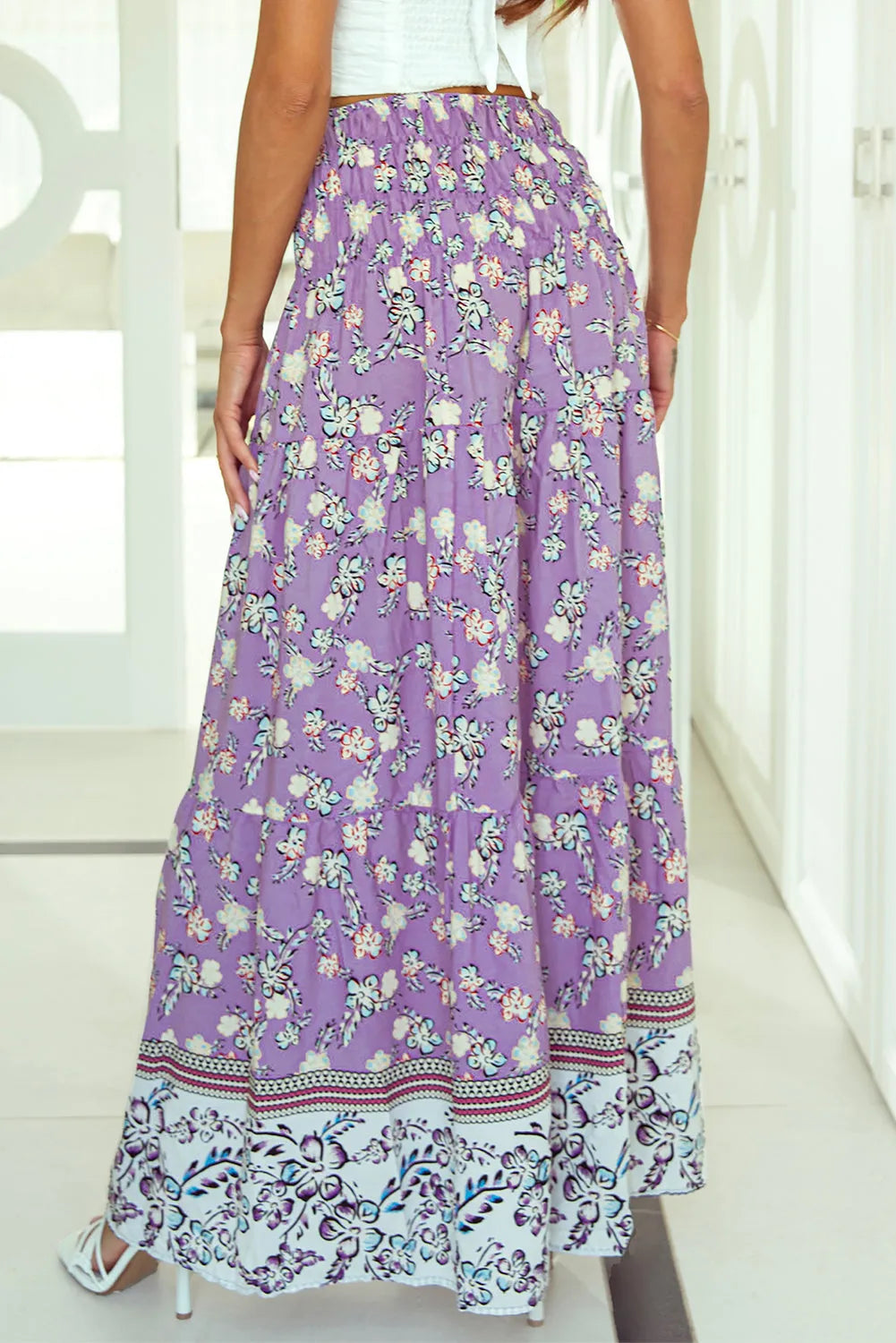 Purple Floral Print Shirred High Waist Maxi Skirt - Chic Meadow Boutique 