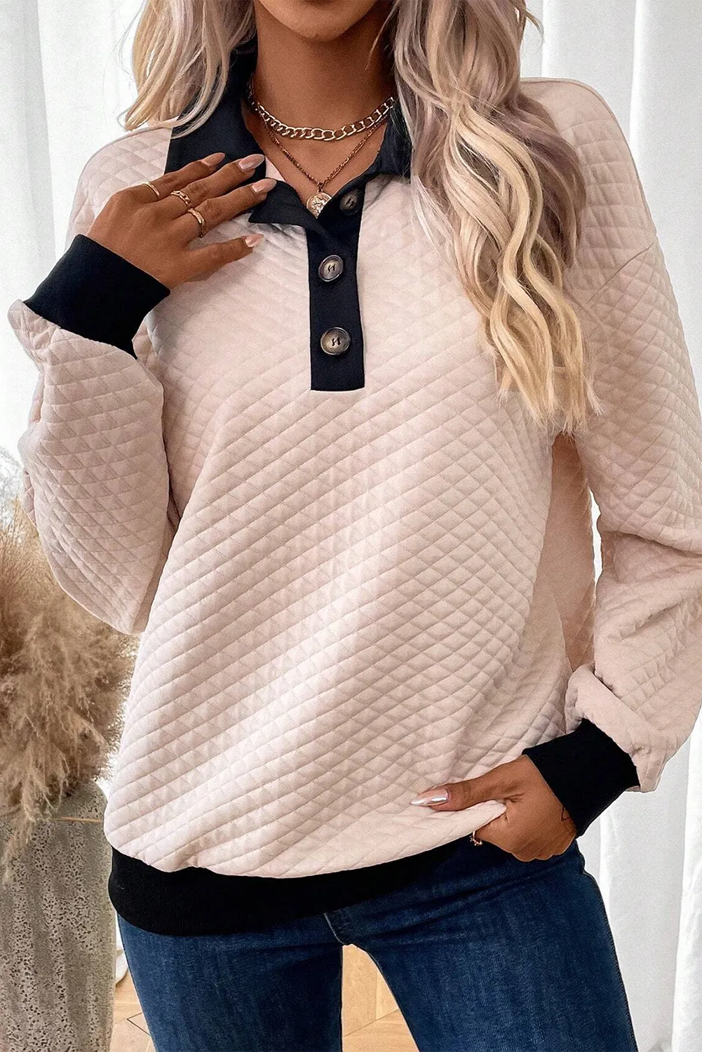 Oatmeal Textured Colorblock Edge Buttoned Collar Sweatshirt - Chic Meadow Boutique 