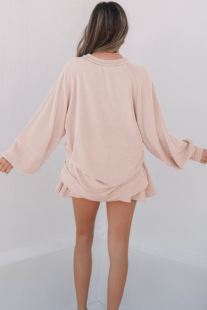 Jet Stream Corded Lantern Sleeve Top High Waist Ruffled Mini Skirt Set
