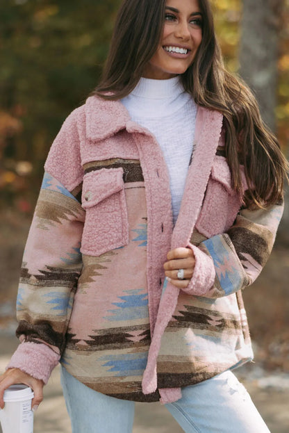 Pink Western Aztec Print Sherpa Splicing Buttoned Flap Pocket Coat - Chic Meadow Boutique 