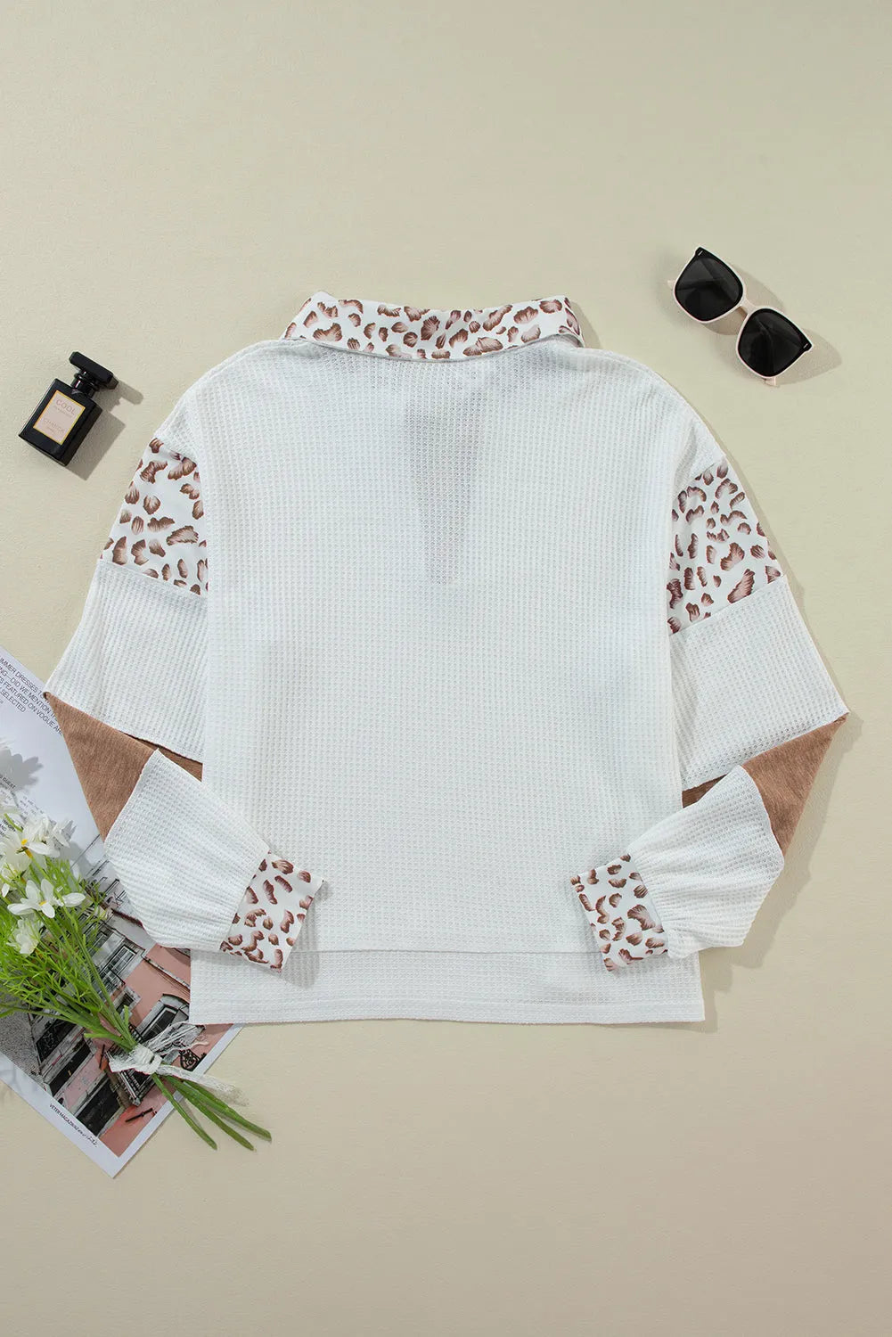 White Leopard Patchwork Turn-down Collar Waffle Top - Chic Meadow Boutique 