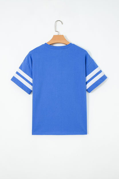 Dark Blue Varsity Striped Short Sleeve Crew Neck T Shirt