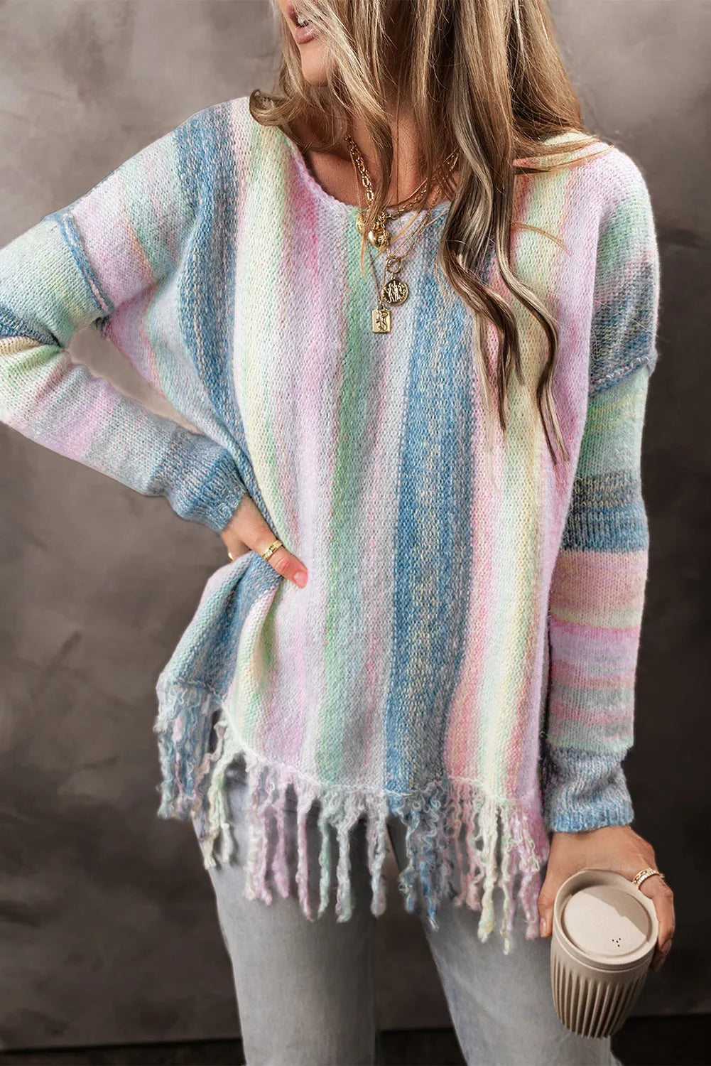 Purple Color Block Fringed Drop Shoulder Tunic Sweater - Chic Meadow Boutique 