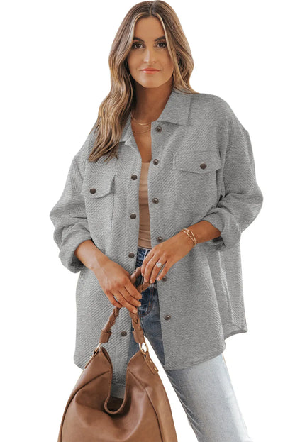 Gray Solid Textured Flap Pocket Buttoned Shacket - Chic Meadow Boutique 