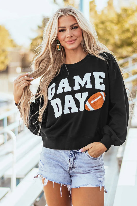 Black GAME DAY Graphic Varsity Pullover Sweatshirt - Chic Meadow Boutique 