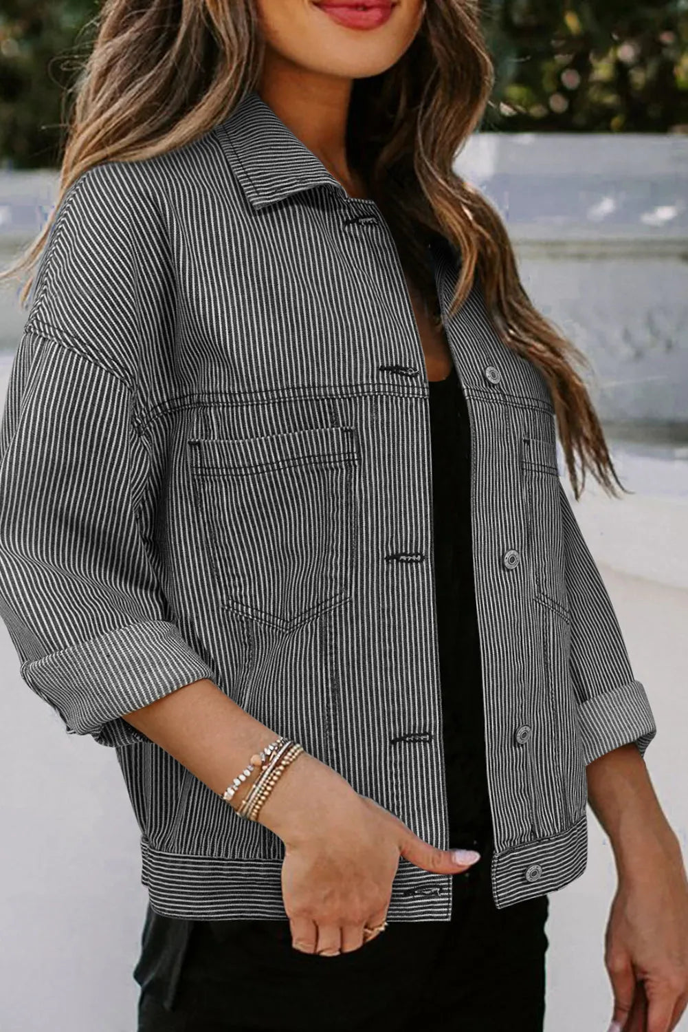 Blue Stripe Washed Oversize Pocketed Denim Jacket - Chic Meadow Boutique 