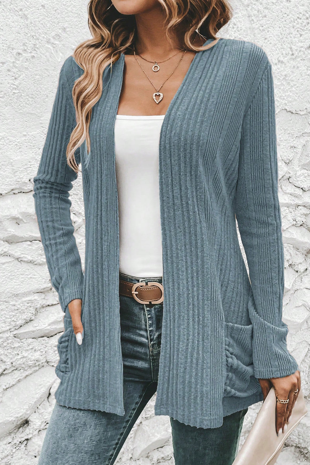 Stone Blue Ribbed Open Front Knitted Top with Pockets