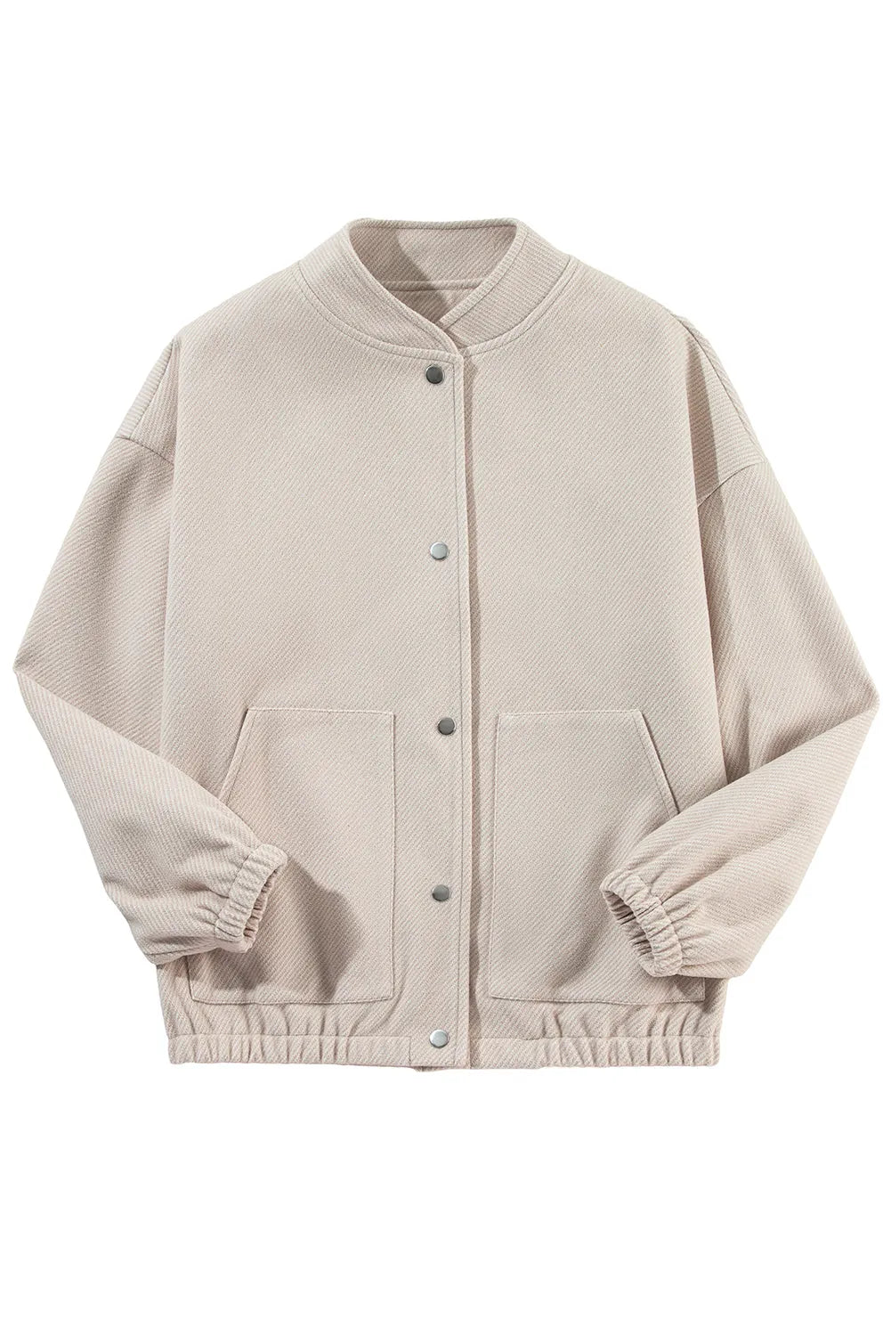 Beige Baseball Collar Snap Button Pocketed Bomber Jacket - Chic Meadow Boutique 