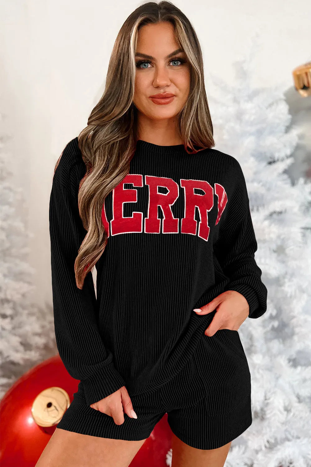 Black Corded MERRY Graphic Long Sleeve Top and Shorts Set - Chic Meadow Boutique 