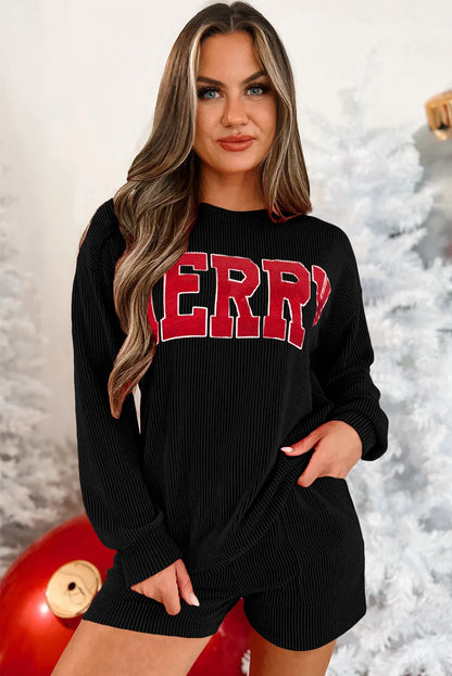 Black Corded MERRY Graphic Long Sleeve Top and Shorts Set - Chic Meadow Boutique 