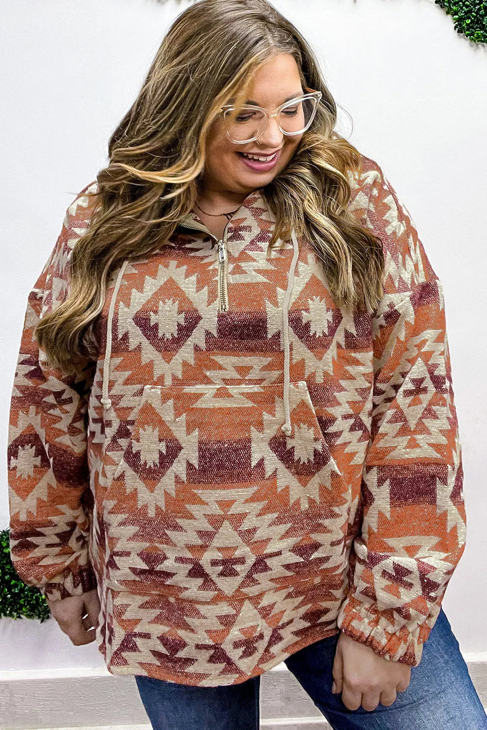 Red Plus Size Western Fashion Aztec Patterned Half Zip High Neck Hoodie - Chic Meadow Boutique 