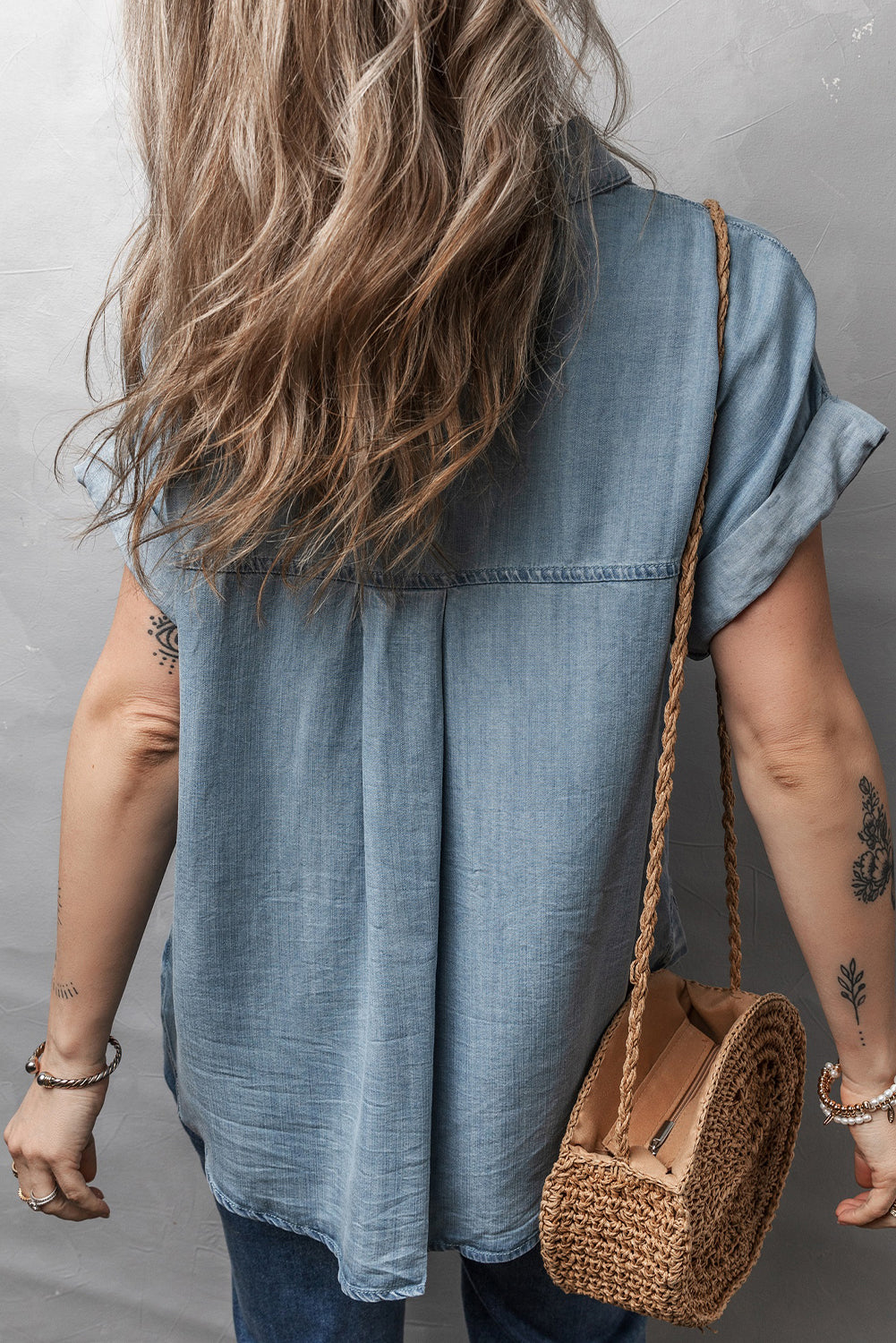 Dusk Blue Folded Short Sleeve Patched Pocket Denim Shirt
