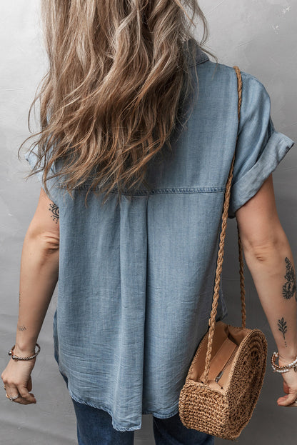 Dusk Blue Folded Short Sleeve Patched Pocket Denim Shirt