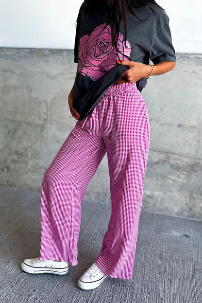 Bottoms/Pants & Culotte Pink Plaid Print Drawstring High Waist Wide Leg Casual Pants