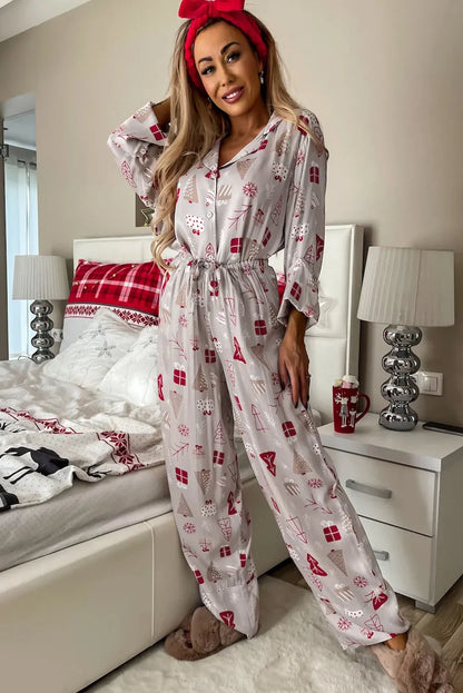 Light Grey Christmas Printed Shirt and Pants Pajama Set - Chic Meadow Boutique 