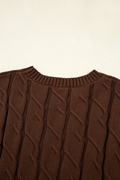 Dark Brown Cable Texture Crew Neck Short Sleeve Sweater Top