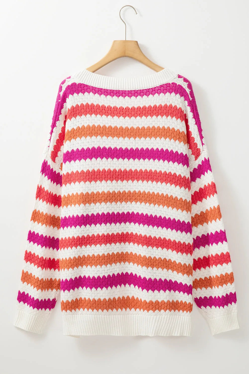 Pink Stripe V Neck Drop Shoulder Plus Size Sweater - Chic Meadow Boutique 