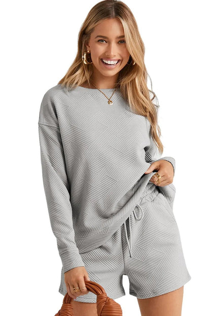 Two Piece Sets/Short Sets Gray Textured Long Sleeve Top and Drawstring Shorts Set