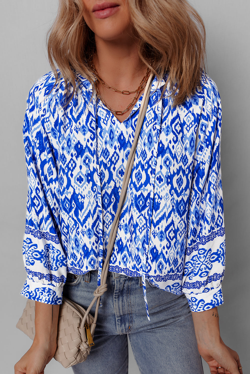 Blue Boho Printed 3/4 Sleeve Tied Neck Blouse