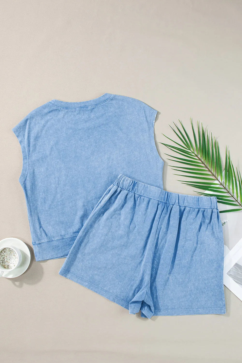 Dusk Blue Mineral Wash Tee and Drawstring Shorts Set - Chic Meadow Boutique 