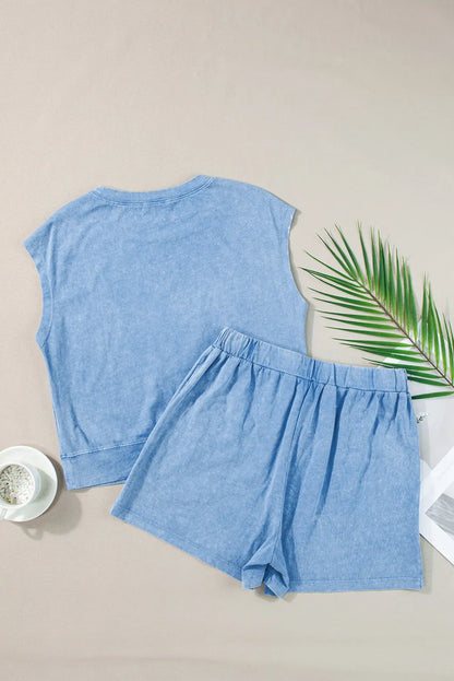 Dusk Blue Mineral Wash Tee and Drawstring Shorts Set - Chic Meadow Boutique 