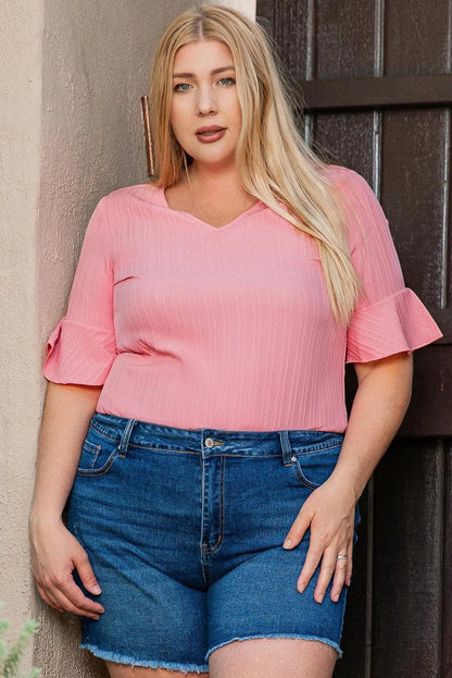 Plus Size/Plus Size Tops/Plus Size Blouses & Shirts Peach Blossom / 1X / 97%Polyester+3%Elastane Peach Blossom Ruffled Half Sleeve V Neck Textured Plus Top