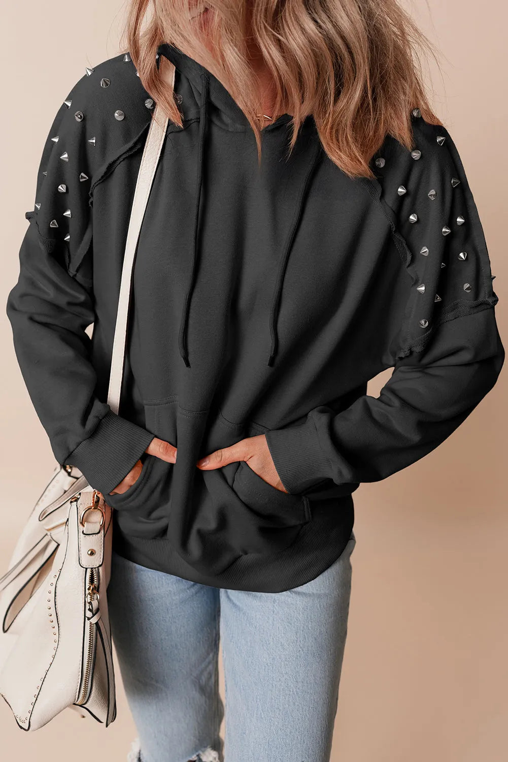 Black Solid Color Rivet Stud Raglan Sleeve Hoodie with Pocket - Chic Meadow Boutique 