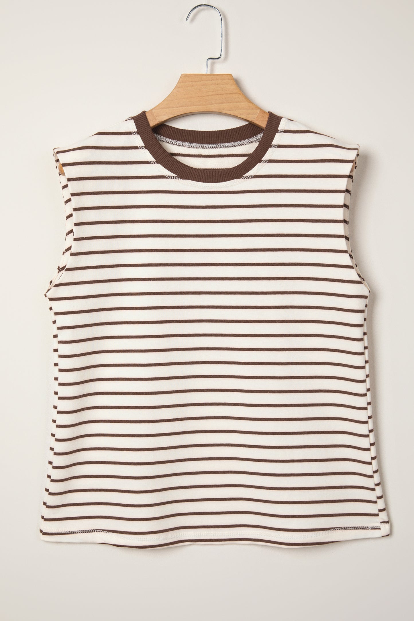 Brown Stripe Ribbed Round Neck Trim Loose Tank Top