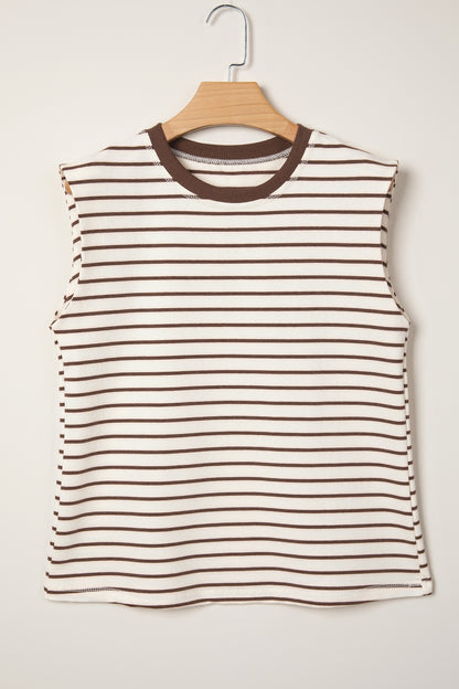 Brown Stripe Ribbed Round Neck Trim Loose Tank Top