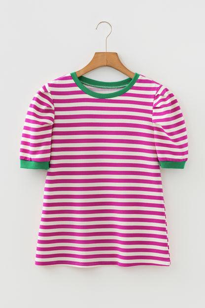 Rose Stripe Short Puff Sleeve Contrast Trim Round Neck Tee