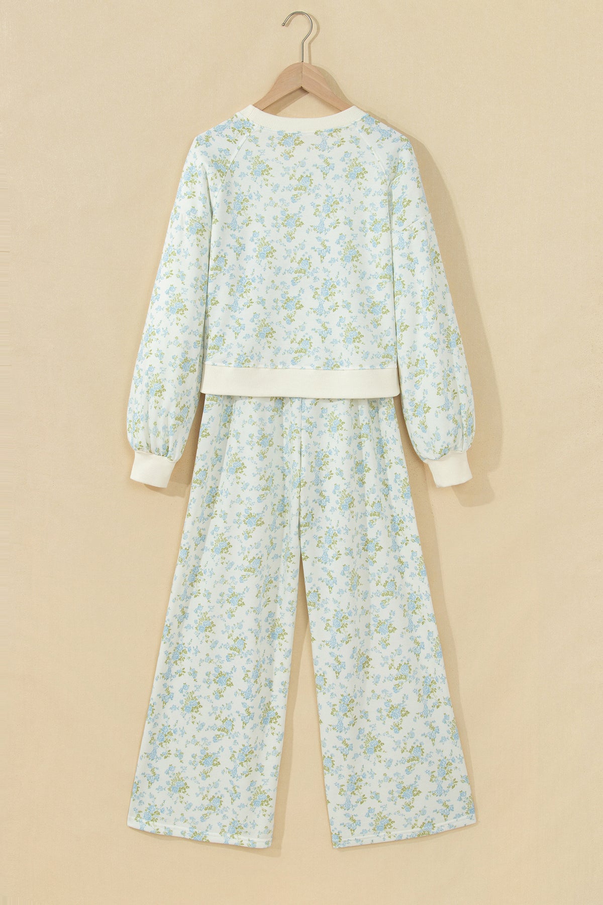 Sky Blue Floral Print Long Sleeve Top Drawstring Wide Leg Pants Set