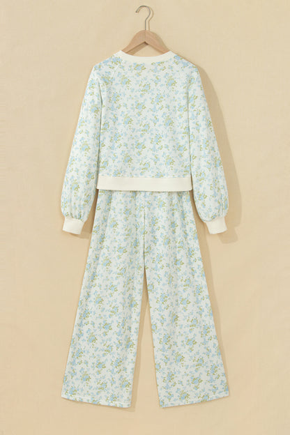 Sky Blue Floral Print Long Sleeve Top Drawstring Wide Leg Pants Set