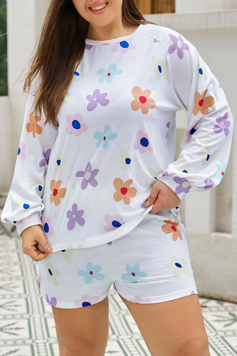 White Plus Size Flower Print Raglan Pullover and Shorts Outfit - Chic Meadow Boutique 