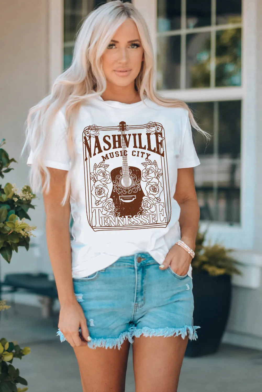 White NASHVILLE MUSIC CITY Graphic Crew Neck Tee - Chic Meadow Boutique 