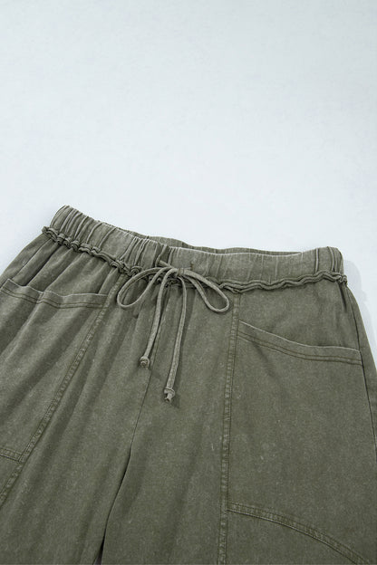 Jungle Green Mineral Wash Seam Detail Flare Leg Drawstring Pants