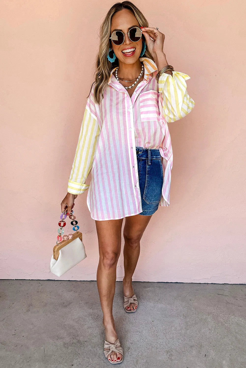 Pink Stripe Contrast Collar Long Sleeve Patchwork Shirt - Chic Meadow Boutique 