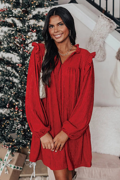 Fiery Red Textured Ruffled Trim V Neck Loose Fit Mini Dress - Chic Meadow Boutique 