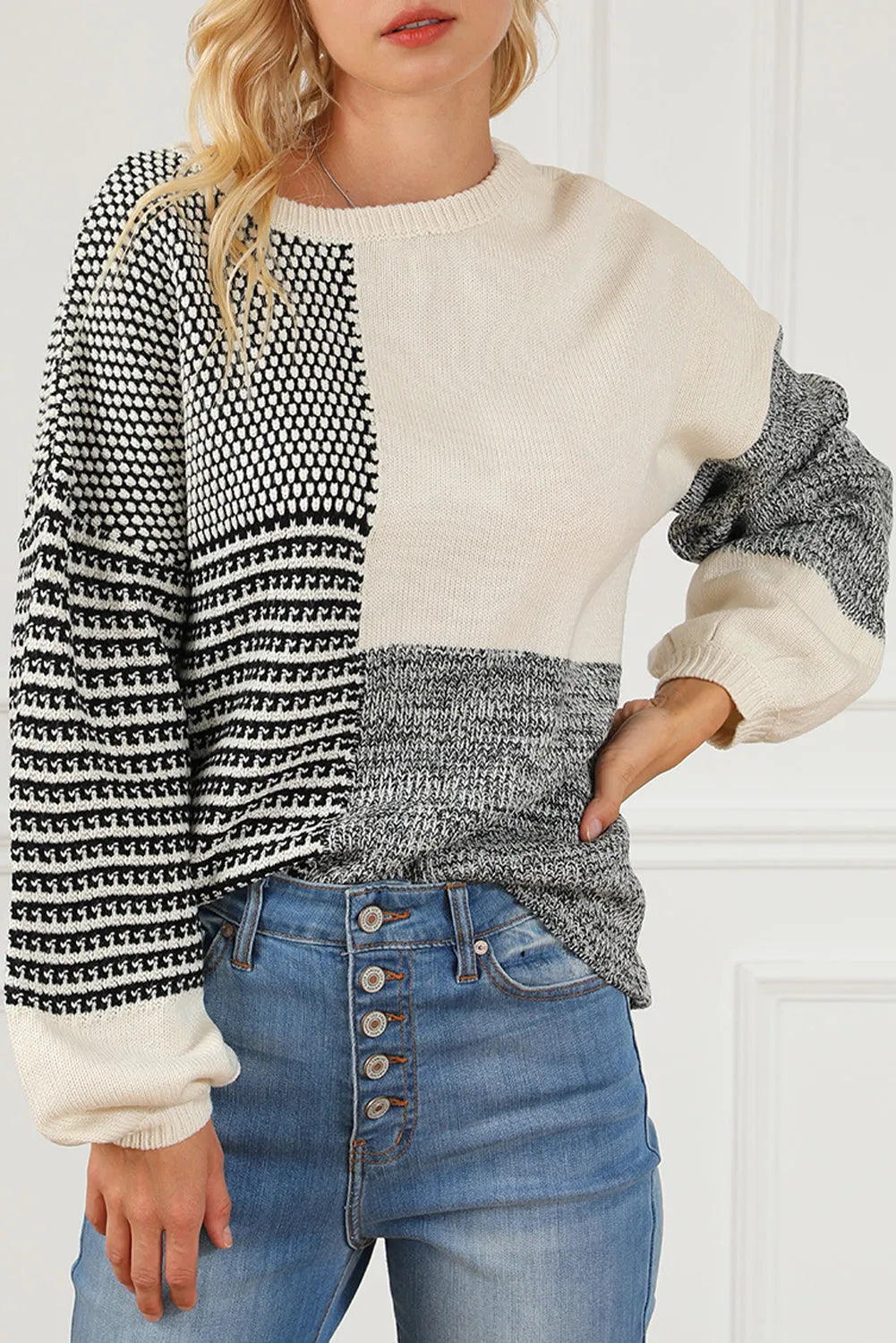 Black Neutral Colorblock Tie Back Sweater - Chic Meadow Boutique 