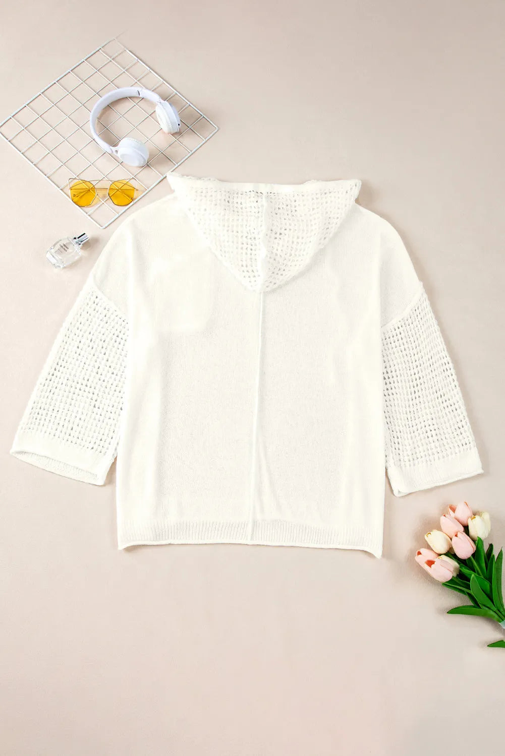 White Open Knit Long Sleeve Pocketed Hooded Sweater - Chic Meadow Boutique 