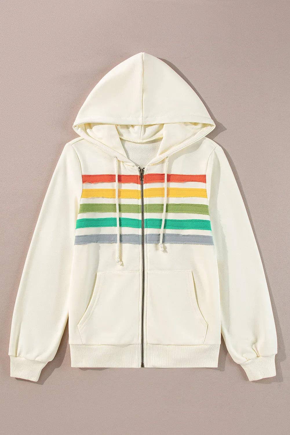 Apricot Colorblock Striped Patchwork Side Pockets Zipper Hoodie - Chic Meadow Boutique 