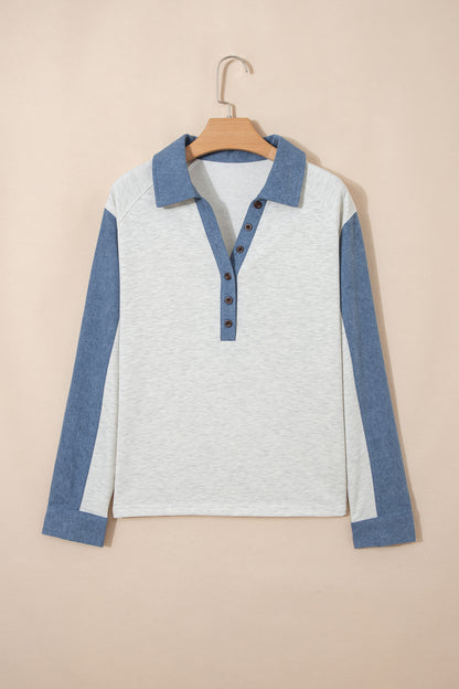 Light Grey Denim Patchwork Buttoned Polo Collar Long Sleeve Top