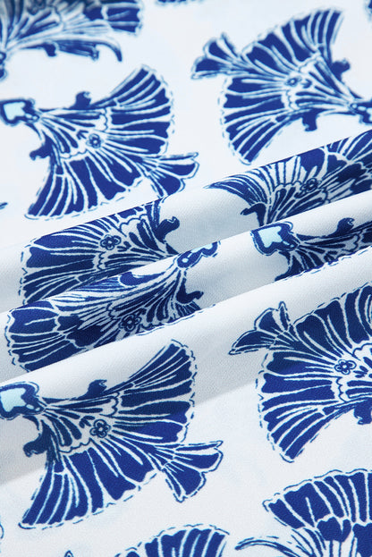 Sky Blue Geometric Print Tassel Drawstring V Neck Blouse