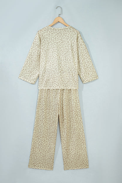 Apricot Leopard Print Varsity Striped Detail 3/4 Sleeve Top Shift Pant Set